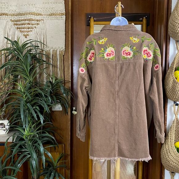 Floral Embroidered Brown Corduroy Jacket MBoho Western Shirt Raw Hem Festival
